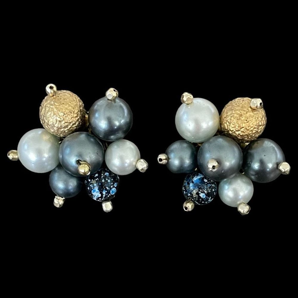Vintage blue gray faux Pearl clip on earrings signed Japan mid century
